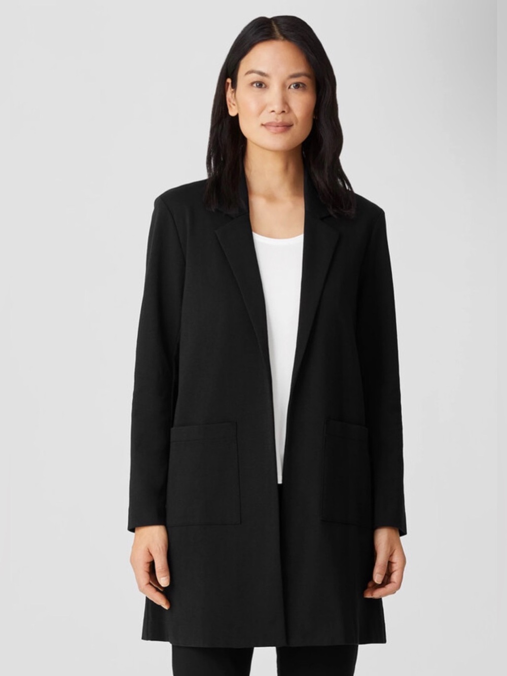 Eileen Fisher Cotton Ponte Black Long Open-Front Women's Blazer NEW XS